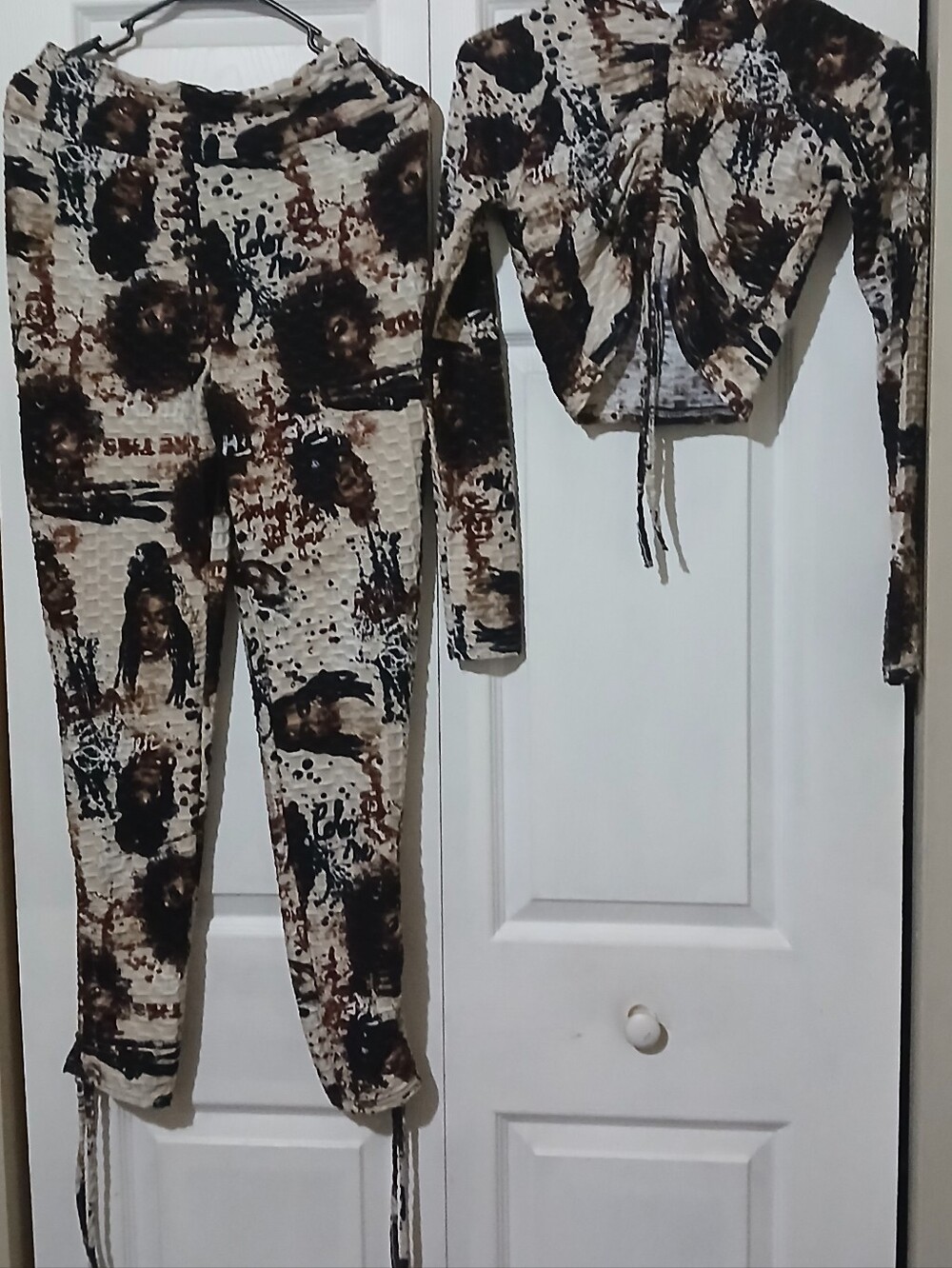 Young Adult Two-Piece Cropped Top and Leggings  Set - Brown & Black Print